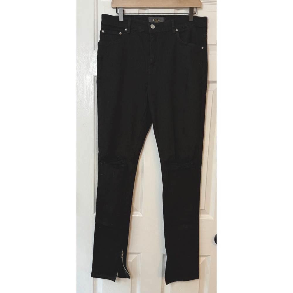 ORO Los Angeles Mens Size 34 Black Skinny Distressed Ankle Zip Jeans